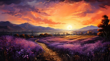 Fototapeta na wymiar A beautiful countryside full of purple flowers, concept art, digital illustration
