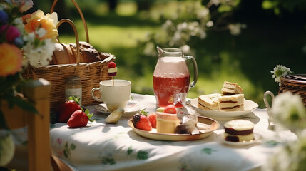 Traditional British English high tea concept outside in lawn