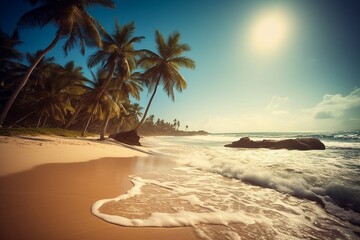 Untouched beautiful tropical beach with white sand, palm trees, turquoise ocean against blue sky with clouds on sunny summer day. Perfect landscape paradise for relaxing vacation. Generative AI