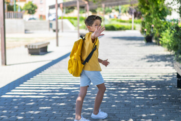 School Boy Saying Goodbye. Back to school.