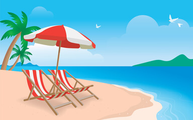 Summer travel poster banner, Beach umbrellas, beach chairs. Vector illustration.