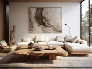 Fototapeta na wymiar Rustic live edge table and chairs near the beige sofa interior design of the modern living room generative ai