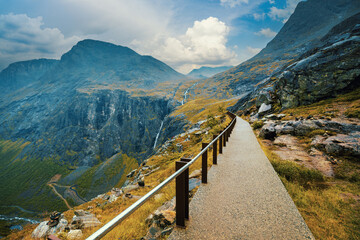 Walkway on the mountain. Trollstigen, Trolls Path, Norway