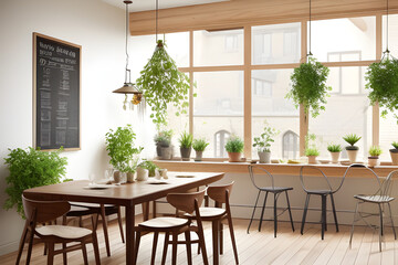 Stylish interior and botanical dining room with craft design of wooden tables, chairs, loft of plants, large windows, map posters and elegant accessories in modern home decor.
