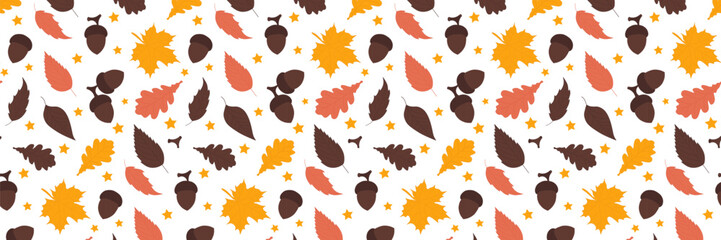 Autumn seamless pattern with different leaves and plants, seasonal colors