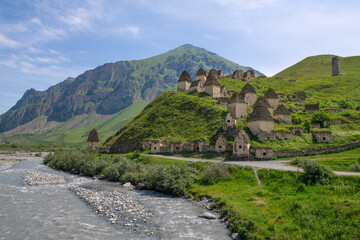 The ancient city of the dead Dargavs on a sunny June day. North Ossetia Alania. Russian Federation
