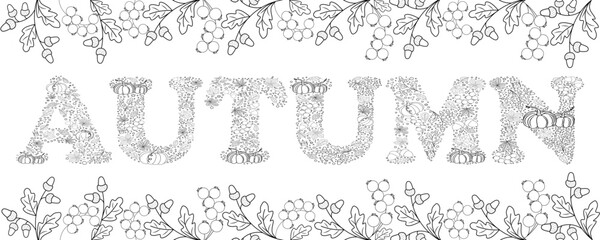 Vector illustration of the word "Autumn" from leaves, acorns, pumpkins, candles. Text banner for seasonal concept