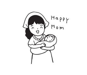 Mother holding baby minimal line drawing style. Mother and child.