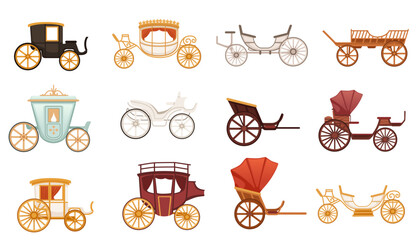 Set of retro wedding or royal wooden carriage on wheels chariot with roof and without vector illustration isolated on white background