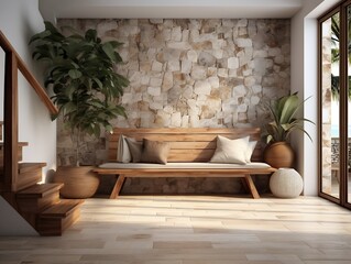 The coastal interior design of the modern entrance hall with stone tiles wall generative ai