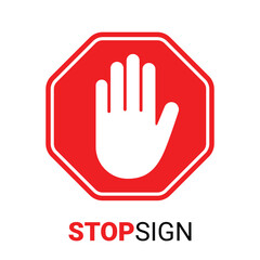 Obraz premium Red stop road sign with big hand symbol vector illustration
