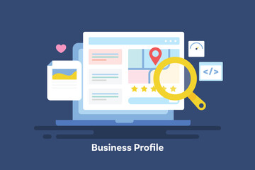 Business profile on search engine page, local business and service information, customer review on laptop screen, local SEO optimization concept. Vector illustration.