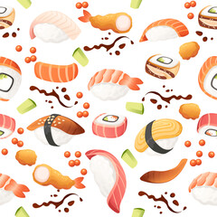 Sushi roll japan street fast food with seafood and rice salmon and cheese vector illustration on white background