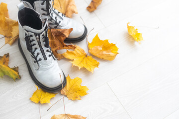 Fototapeta na wymiar dry autumn leaves and children's shoes