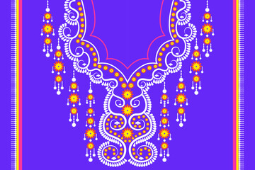 Geometric collar pattern for purple, white, pink, orange shirts on a purple background.