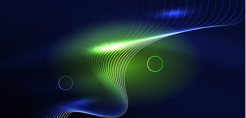 Fototapeta premium Neon laser lines, circles waves abstract background. Neon light or laser show, electric impulse, power lines, techno quantum energy impulse, magic glowing dynamic lines