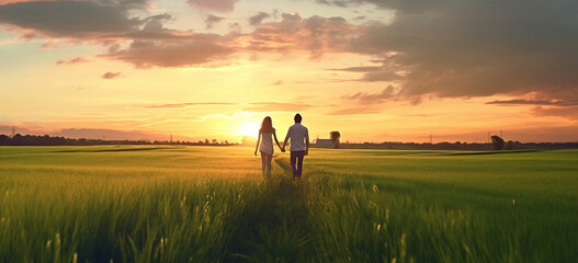 Kissing woman man together two sunset portrait nature summer romance husband field love couple romantic walking