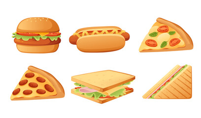 Collection of fast food burger pizza hotdog and sandwich vector illustration isolated on white background