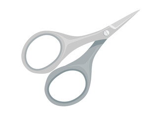 Stainless steel scissors with grey plastic handle vector illustration isolated on white background