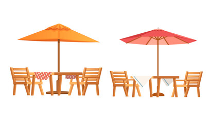 Table with chairs and umbrella for terrace park or cafe vector illustration isiolated on whiteb ackground