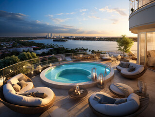 Luxury penthouse with an impressive swimming pool overlooking Miami from the terrace. Generative AI