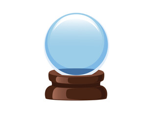 Transparent blue magic ball on wooden stand vector illustration isolated on white background