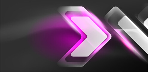 Neon speed arrow and line shapes background. Hi-tech concept with shiny backdrop. Bright flare light effect in the dark