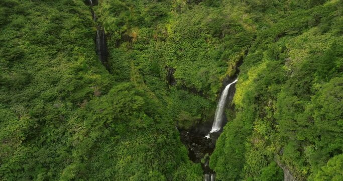 waterfalls in the forest in flores island azores aerial view