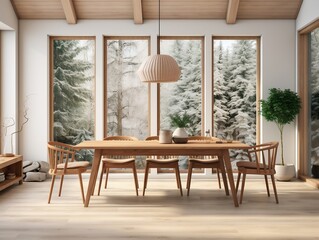 Wooden set dining table and chairs interior design of modern dining room with window generative ai