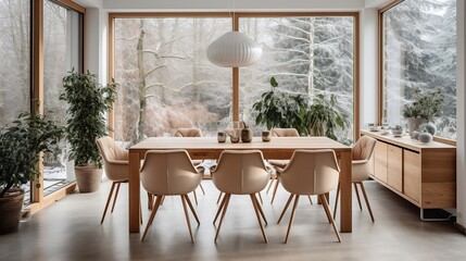 Wooden set dining table and chairs interior design of modern dining room with window generative ai
