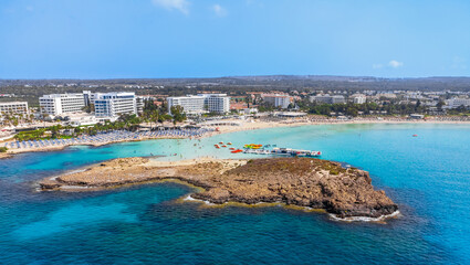 Fototapeta na wymiar Nissi summer beach with turquoise water in Ayia Napa, Cyprus, Europe