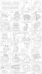 English alphabet for little kids with funny animals, toys, plants and home things, a set of black and white outline vector cartoon illustrations for a coloring book
