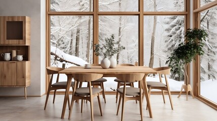 Wooden set dining table and chairs interior design of modern dining room with window generative ai