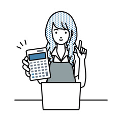 座ってデスクでノートPCを開いて電卓を持ってこちらに向けて見せているエプロンをした店員の女性