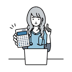 座ってデスクでノートPCを開いて電卓を持ってこちらに向けて見せている看護師の女性
