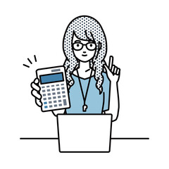 座ってデスクでノートPCを開いて電卓を持ってこちらに向けて見せている教師の女性