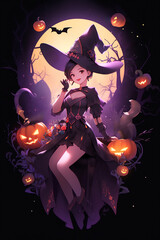 Manga Halloween witch with pumpkins against the moon