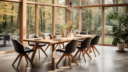 Fototapeta premium Wooden set dining table and chairs interior design of modern dining room with window generative ai
