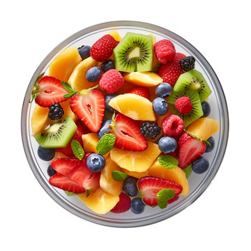 Bowl of healthy fresh fruit salad, top view. Generative ai