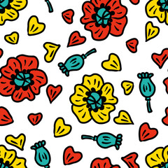 Summer seamless pattern with poppies, poppy boxes and petals. Perfect print for tee, paper, textile and fabric. Doodle vector illustration for decor and design.