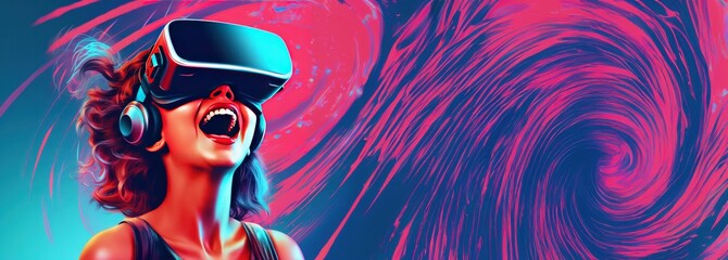 Illustration of Future digital technology metaverse game and entertainment, VR virtual reality, cyber space futuristic neon colorful background, Generative AI