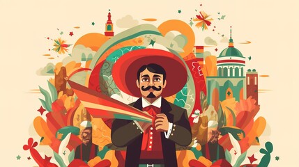 Illustrations and icons of the Mexican flag and the celebration of the holiday in the context of Mexico's Independence Day,AI generated. 