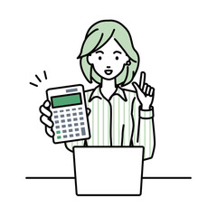a woman in shirt work style recommending, proposing, showing estimates and pointing a calculator with a smile in front of laptop pc
