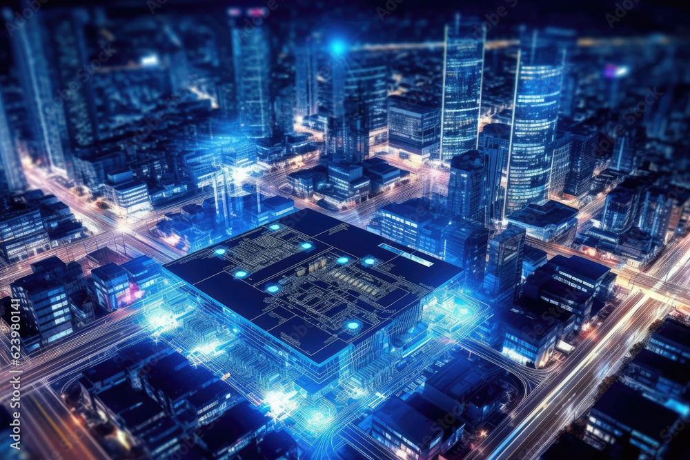 Poster Computer Motherboard With a CPU Processor in the Shape of an Abstract Digital City extreme closeup. Generative AI