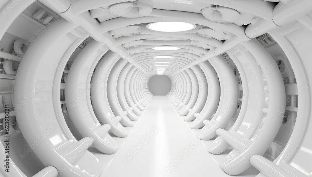 Aufkleber futuristic empty white tunnel with a light from the end extreme closeup. generative ai
