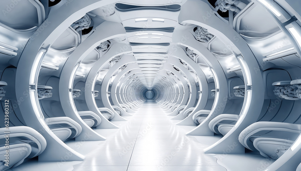 Poster Futuristic Empty White Tunnel with a Light from the End extreme closeup. Generative ai