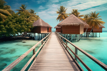 The Walkway Leading into the Coconut Huts in the Maldives Island extreme closeup. Generative AI