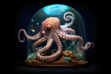 Obraz premium Octopus with Large Eyes Swimming Deep Ocean Water extreme closeup. Generative AI