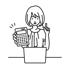a woman in casual work style recommending, proposing, showing estimates and pointing a calculator with a smile in front of laptop pc