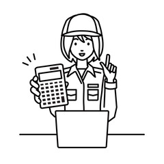 a blue-collar worker woman recommending, proposing, showing estimates and pointing a calculator with a smile in front of laptop pc